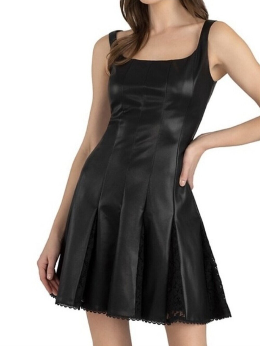 NWT Shoshanna Everett Black Faux Leather and Lace Fit & Flare Mini Dress Sz 0